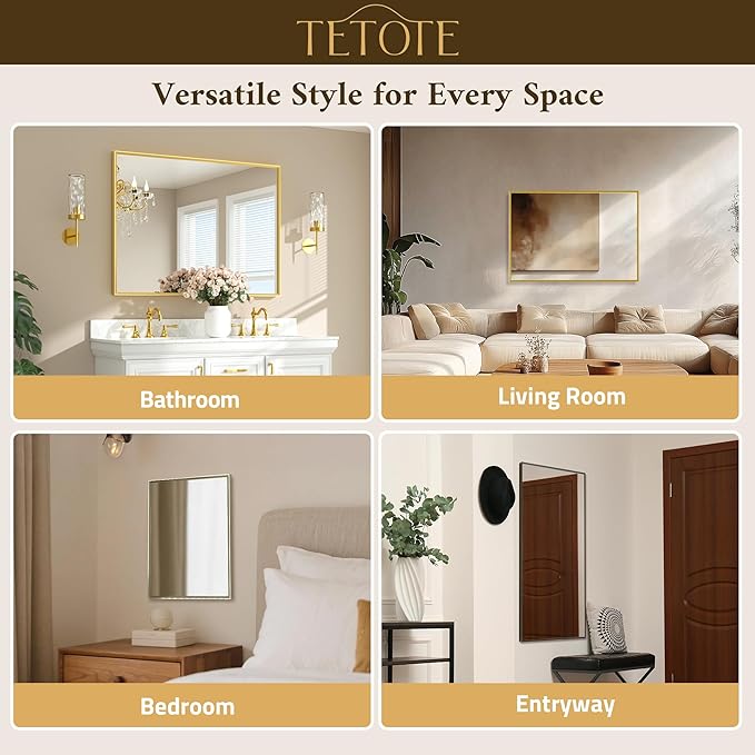 TETOTE Gold Bathroom Mirror 16" x 20" Brushed Gold Brass Rectangle Beveled - Image 7
