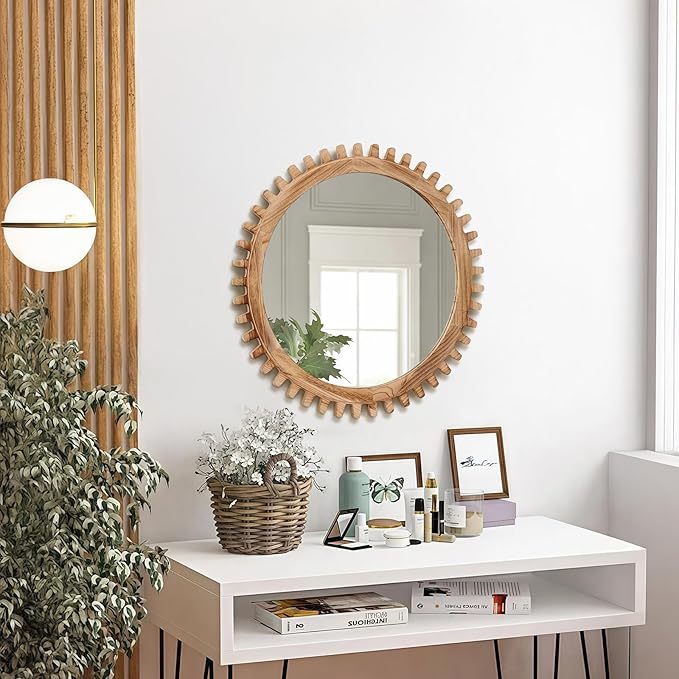 ULIKE Round Wood Mirror, 24 Inch Rustic Farmhouse Circle Mirror - Image 8