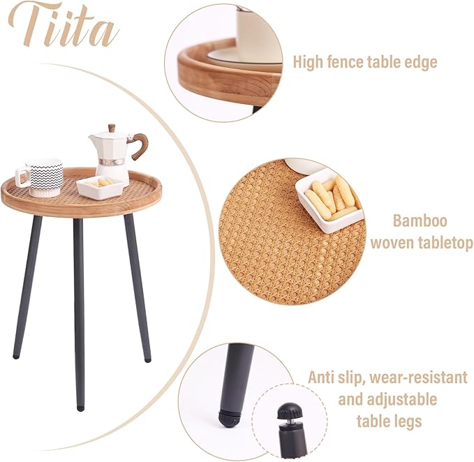 Tiita 2 Pack Rattan Round End Table Mental Side Table Nightstand/Small Wood - Image 4