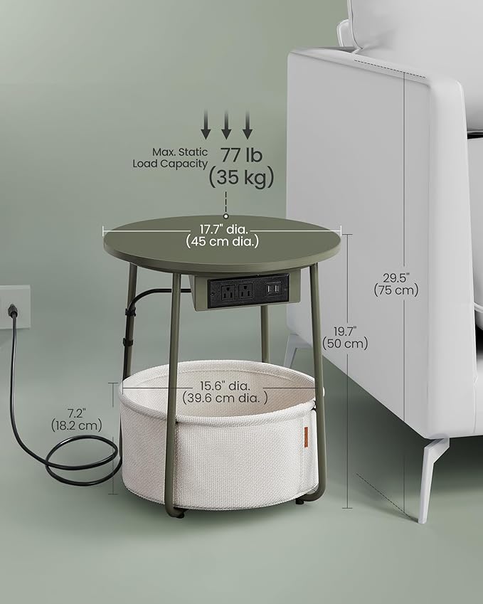 VASAGLE Side Table with Charging Station, Round End Table with Fabric Basket - Image 3