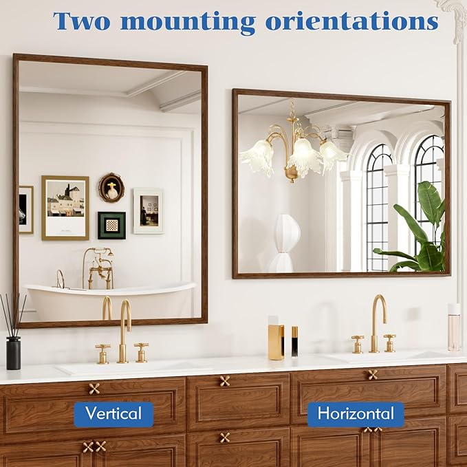 Rectangle Walnut Bathroom Mirror 40x30 Inch, Anti-Rust 4MM Tempered Glass - Image 7