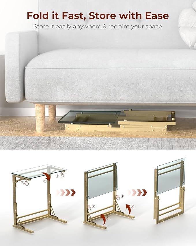 Tatub 24" Folding TV Tray Table, Glass C Shaped End Table - Image 6