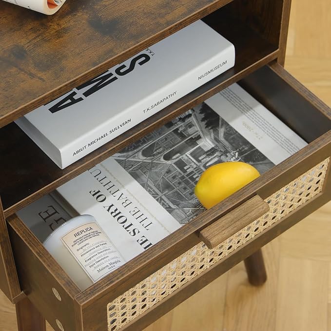 MaxSmeo Small Nightstand with Charging Station, Rattan Side Table Mid Century - Image 7