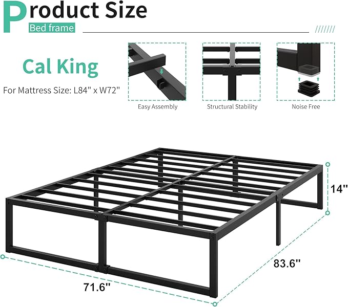 14 Inch California King Bed Frames No Box Spring Needed Heavy Duty Metal Cal - Image 2