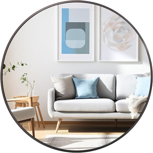24 inch Round Titanium Mirror Wall Decor, Brushed Dark Grey Metal Framed Circle by UMZODO