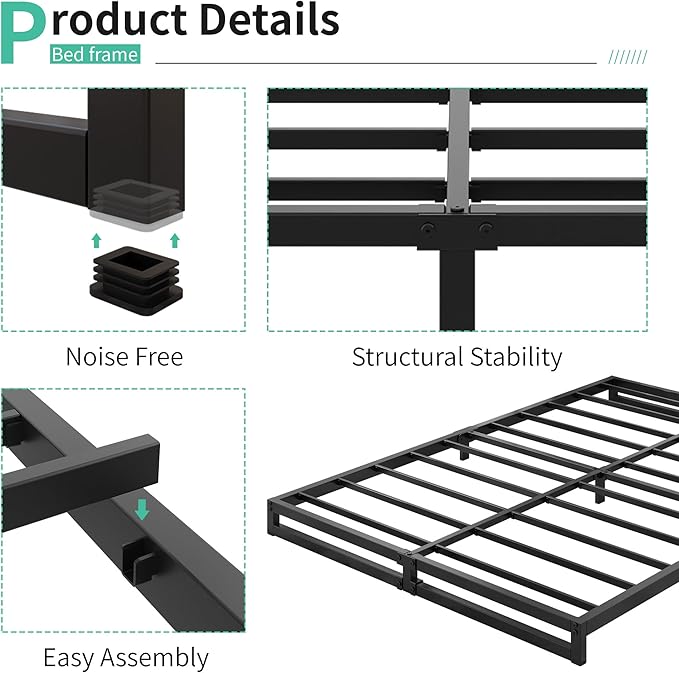 4 Inch Bed Frame Queen Size Heavy Duty Steel Slat Support Metal Platform Queen - Image 3