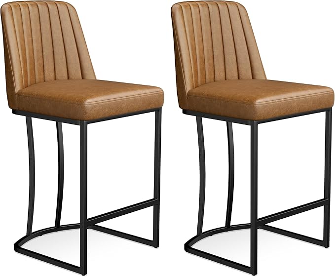 Counter Height Bar Stools Set of 4, Upholstered Leather Barrel Barstools - Image 9