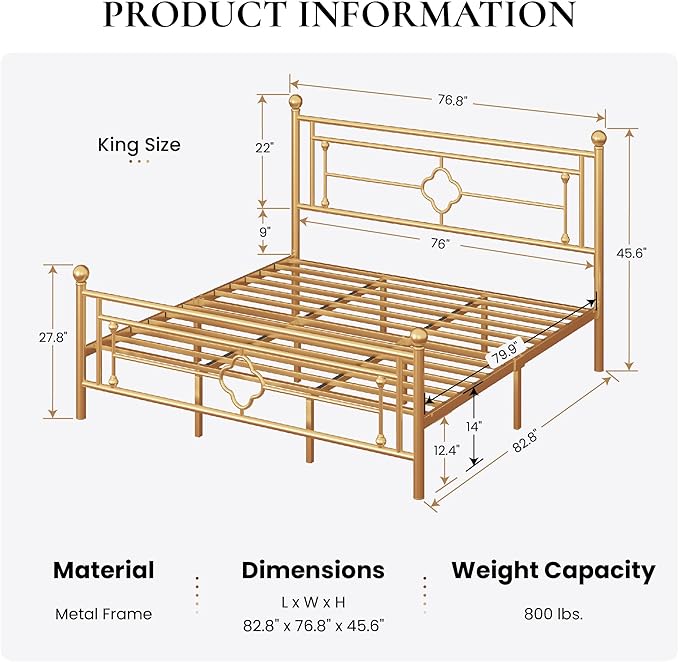 SHA CERLIN 14 Inches King Size Metal Platform Bed Frame/Vintage Iron-Art - Image 2