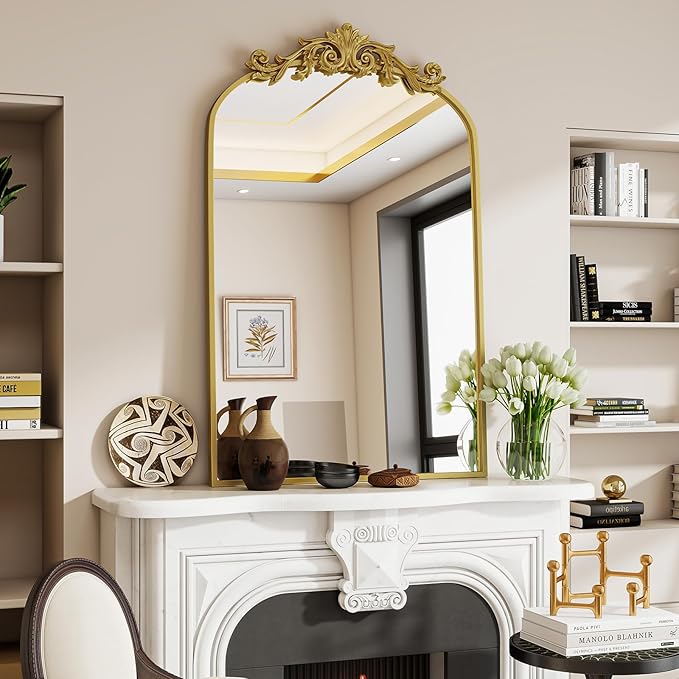 Vintage Arched Wall Mirror, 26x38 inch Retro Arch Bathroom Mirror, Carve - Image 6