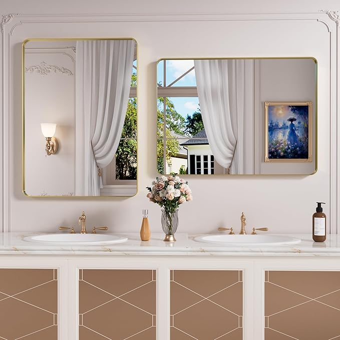 Gold Bathroom Mirror, 48x32 Inch Brushed Gold Metal Frame Mirror - Image 8