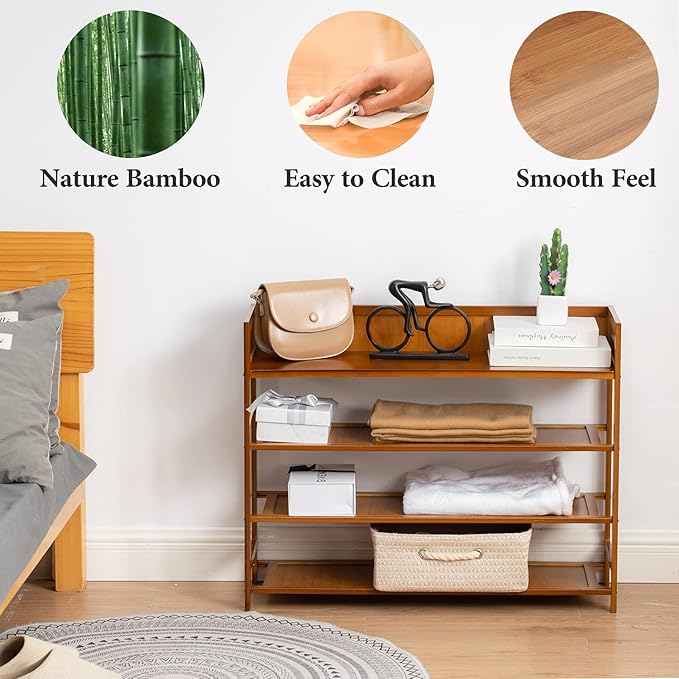 4 Tier Shoe Rack Organizer, 4 Tire Bamboo Stackable Shoe Shelf Storage Organizer - Image 6