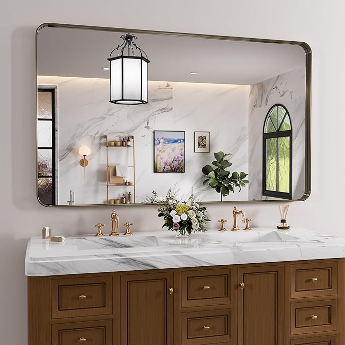 Bronze Bathroom Mirror 50x30 Inch, Brushed Bronze Metal Frame Mirror by JISOSO