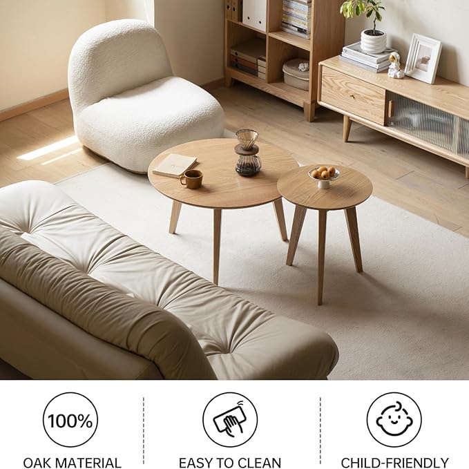 100% Solid Oak Wood Mini Coffee Table, Round Side Table w/Solid Wood Legs - Image 4
