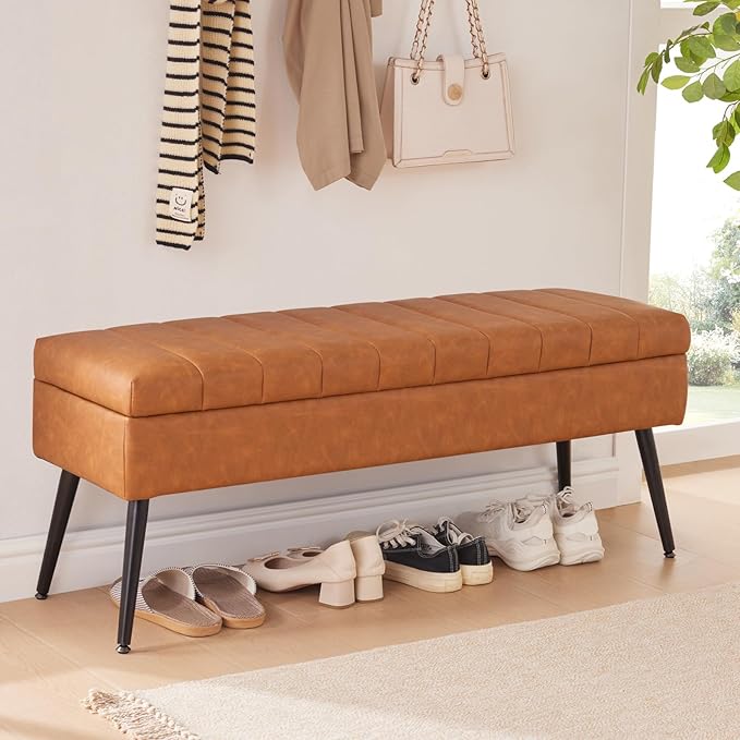 CUYOCA Storage Ottoman Bench, 43.5" Faux Leather Upholstered Entryway Bench - Image 6
