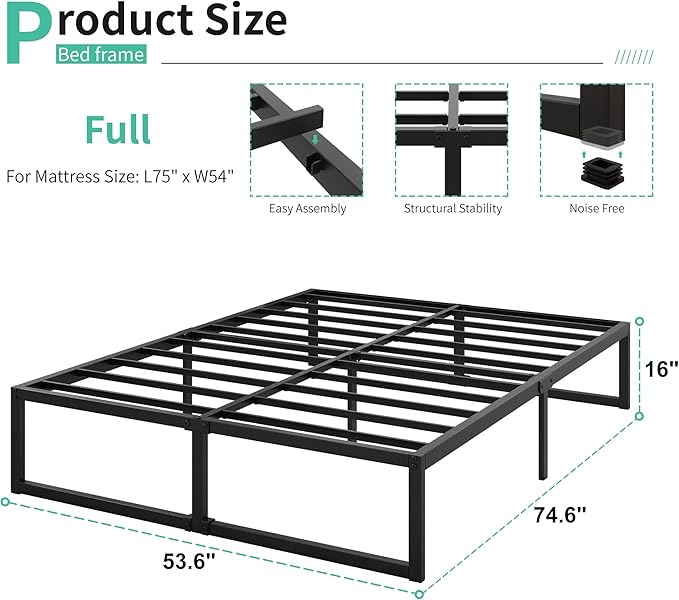 16 Inch Full Size Bed Frame No Box Spring Needed, Heavy Duty Metal Platform Beds - Image 2