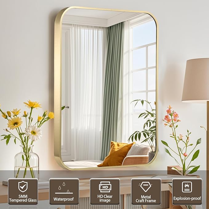 Gold Bathroom Mirror, 20x30 Inch Brushed Gold Mirror, Aluminum Alloy Framed - Image 2