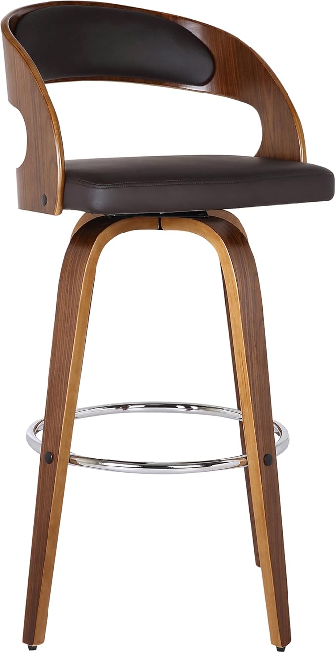 Armen Living Shelly 30" Bar Height Swivel Brown Faux Leather and Walnut Wood by ArmenLiving