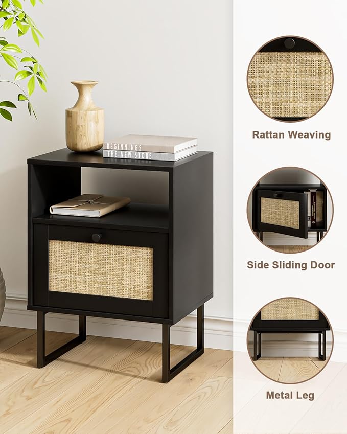 Rattan Nightstand, Mid Century Modern Night Stand, Boho Farmhouse Wood Bedside - Image 6