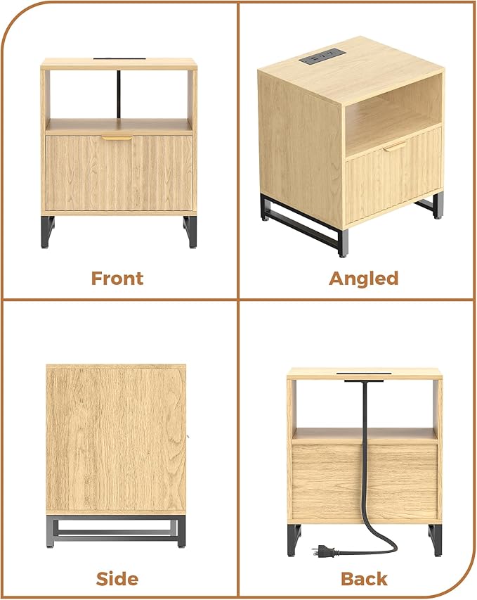Fluted Night Stand Set 2 with Charging Station, Wood Nightstand with Large - Image 7