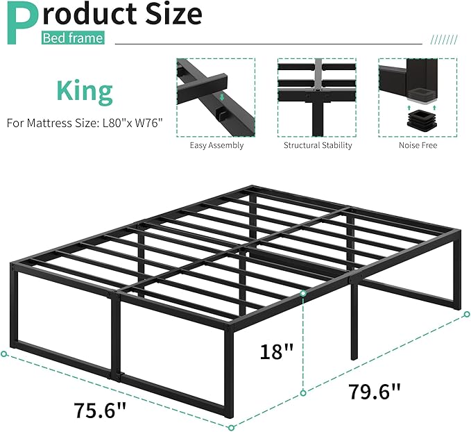 18 Inch King Bed Frame Sturdy Mattress Foundation, Heavy Duty Metal Platform - Image 2