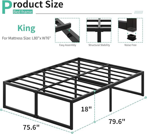 18 Inch King Bed Frame Sturdy Mattress Foundation, Heavy Duty Metal Platform - Image 2