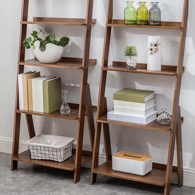 Maydear Bamboo Ladder Shelf Bookcase, 5-Tier Leaning Bookshelf Free Standing - Image 6