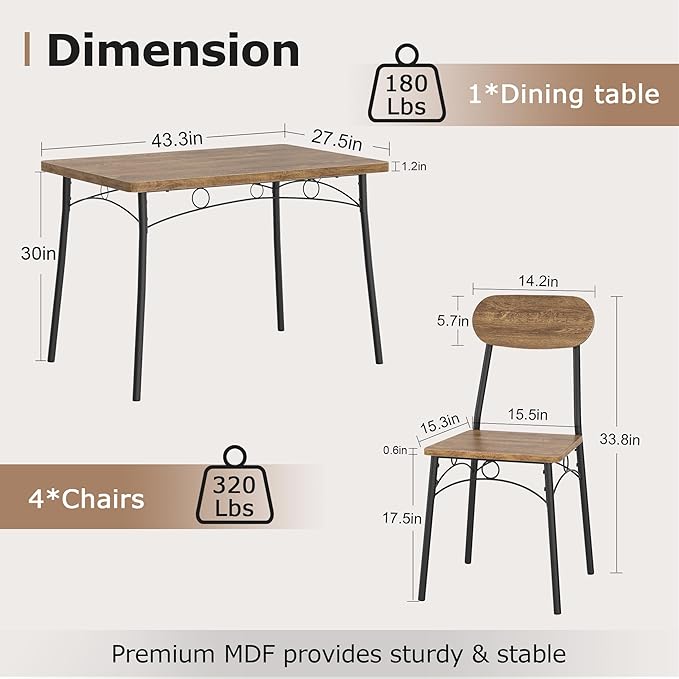 VECELO Dining Table Set for 4, 5-Piece Kitchen Table - Image 2