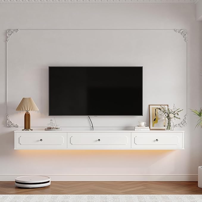 Retro Floating TV Console with 3 Doors, Wall Mounted TV Cabinet, Contemporary - Image 2