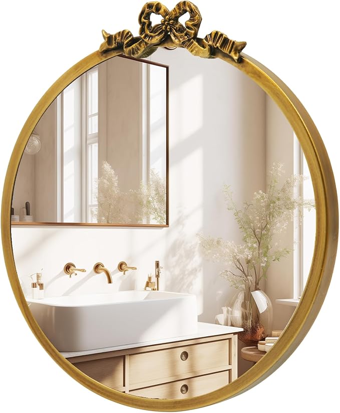 Vintage Round Mirror Antique Gold Vanity Mirrors 12inch Metal Ornate Circle - Image 3