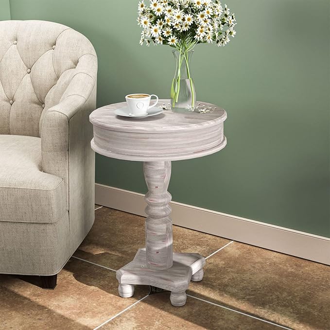 COSIEST Set of 2 Rustic Accent Side Table, Farmhouse Wood Pedestal Table Round - Image 4