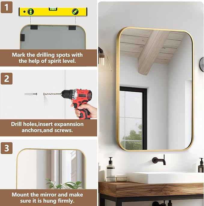 Brushed Gold Mirror, Metal Frame Rectangle Corner Vanity Mirror, Wall Mounted - Image 4