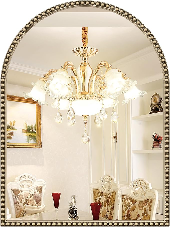 Beaded Arched Mirror for Wall, Champagne Bronze Vintage Metal Frame Decorative by Brauthon