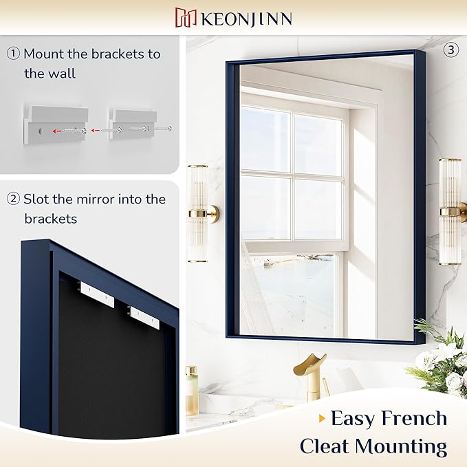 Keonjinn Blue Bathroom Mirror 40 x 30 Inch, Metal Frame Rectangular Wall Mirror - Image 4