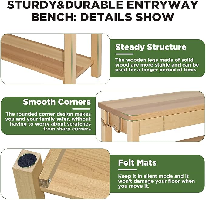 Wood Shoe Bench Entryway with Drawer: 3-Tiers Wooden Storage Shoe Rack with - Image 4
