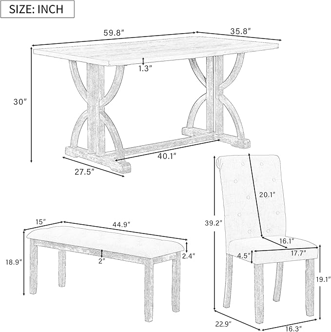 SogesPower 6-Piece Dining Table Set, Rectangular Farmhouse Kitchen Dining Table - Image 2