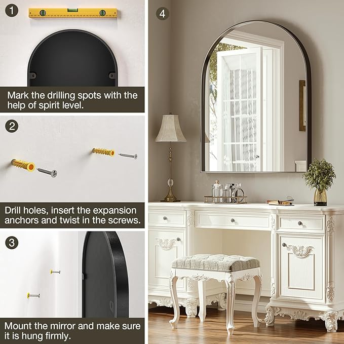 Brightify Black Arched Mirror, 32 x 42 Inch Arch Wall Mirror, Metal Frame Black - Image 6