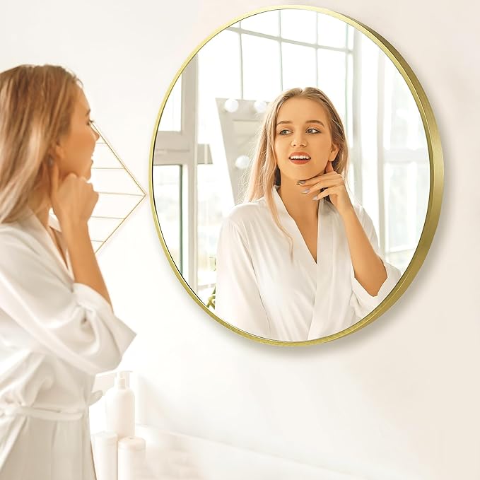 28 inch Gold Circle Wall Mirror, Brushed Brass Golden Metal Framed Round Mirror - Image 6