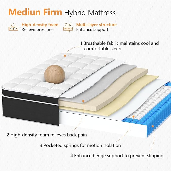 King Size Mattress, 14 Inch Hybrid Mattress King Size in a Box, Gel Memory Foam - Image 3