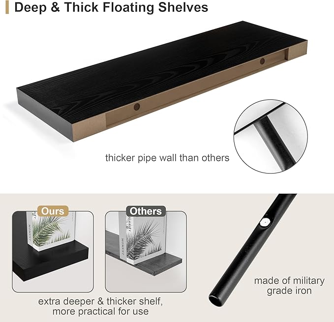 12" Deep Black Floating Shelves, Over Toilet Long Wall Mounted Modern Farmhouse - Image 5