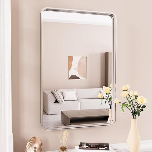 22x30 Inch Brushed Nickel Bathroom Mirror, Thick Silver Metal Rectangle Frame - Image 2