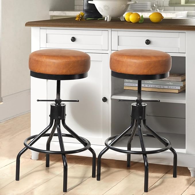 Industrial Bar Stools Set of 3 Adjustable Swivel Barstools Modern PU Leather - Image 2
