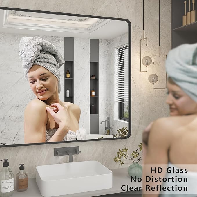 48x40 Inch Black Metal Framed Bathroom Mirror - Image 4
