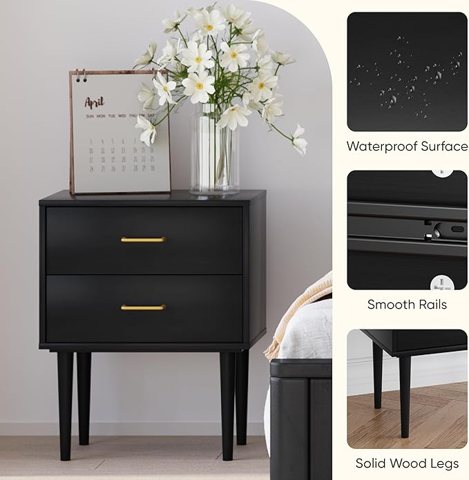 Black Nightstand with 2 Drawers, Modern Night Stand Black, Wooden Night Stands - Image 4