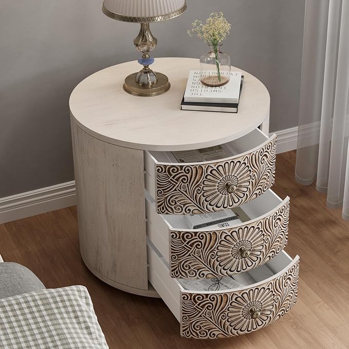 COSIEST Bedside Table Set of 2, Wood Nightstand 3 Drawers, Farmhouse Round End - Image 2