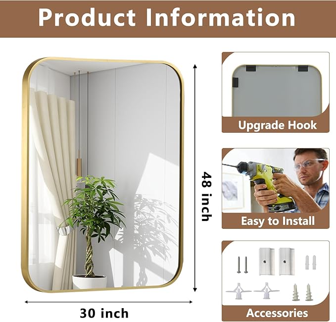 Brushed Gold Mirror, Metal Frame Rectangle Corner Vanity Mirror, Wall Mounted - Image 5