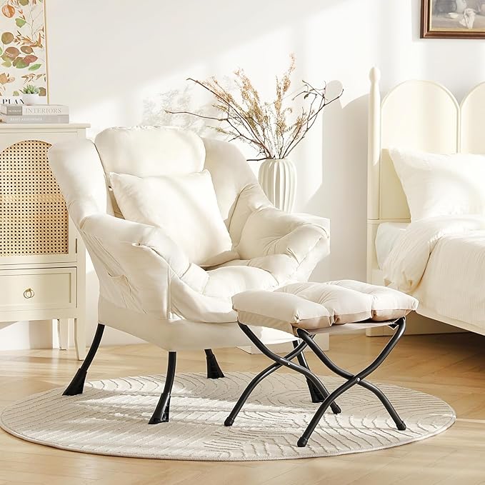 Lazy Chair with Ottoman, Modern Lounge Accent Chair with Armrests and a Throw - Image 3