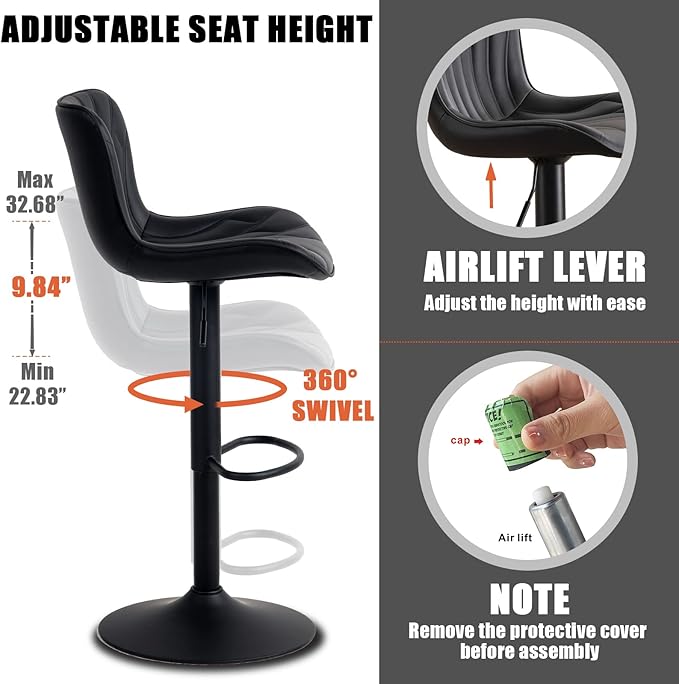YOUNIKE 3 Black Bar Stools Modern Swivel Counter Height Bar Chair - Image 5
