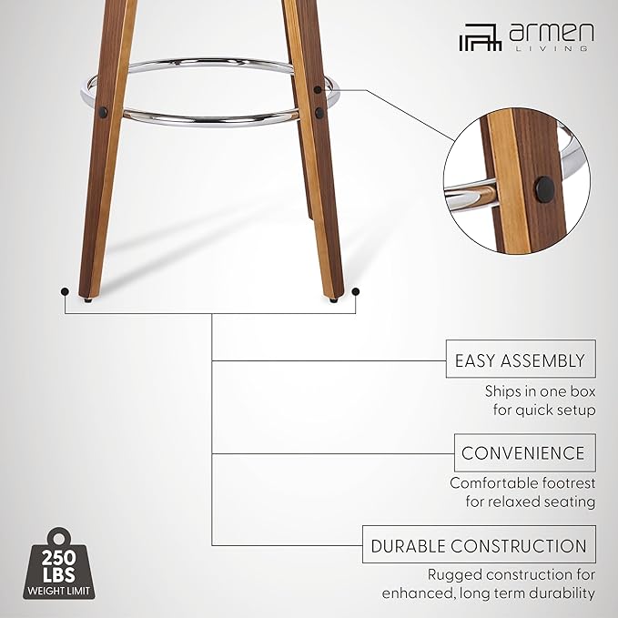Armen Living Shelly 30" Bar Height Swivel Brown Faux Leather and Walnut Wood - Image 4