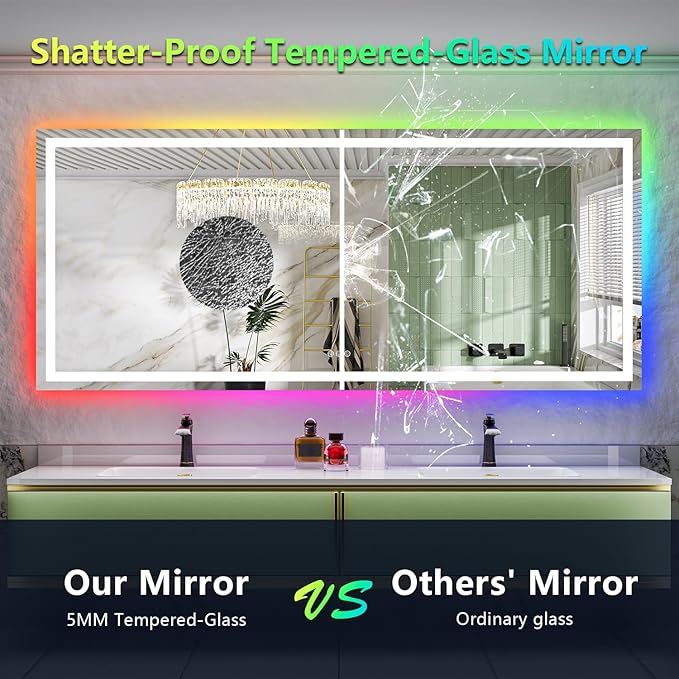 88x38 Inch RGB LED Bathroom Mirror Front Lit and RGB Backlit Lighted Vanity - Image 6