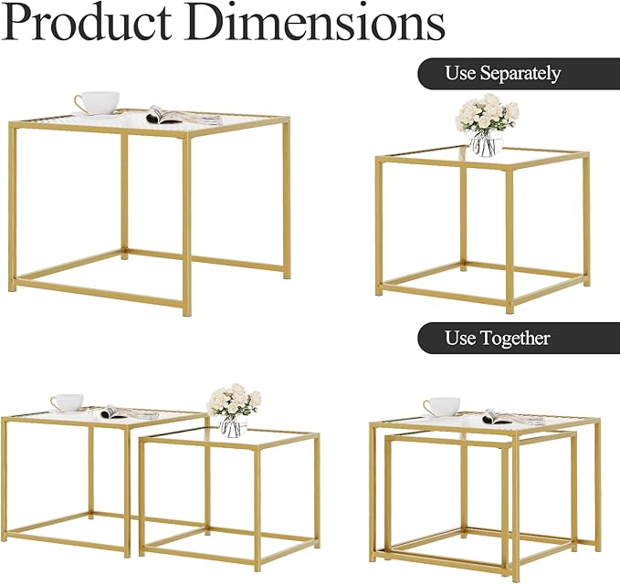 VILAWLENCE Coffee Table Set of 2, Modern Gold Glass Side Table, Metal Frame - Image 7